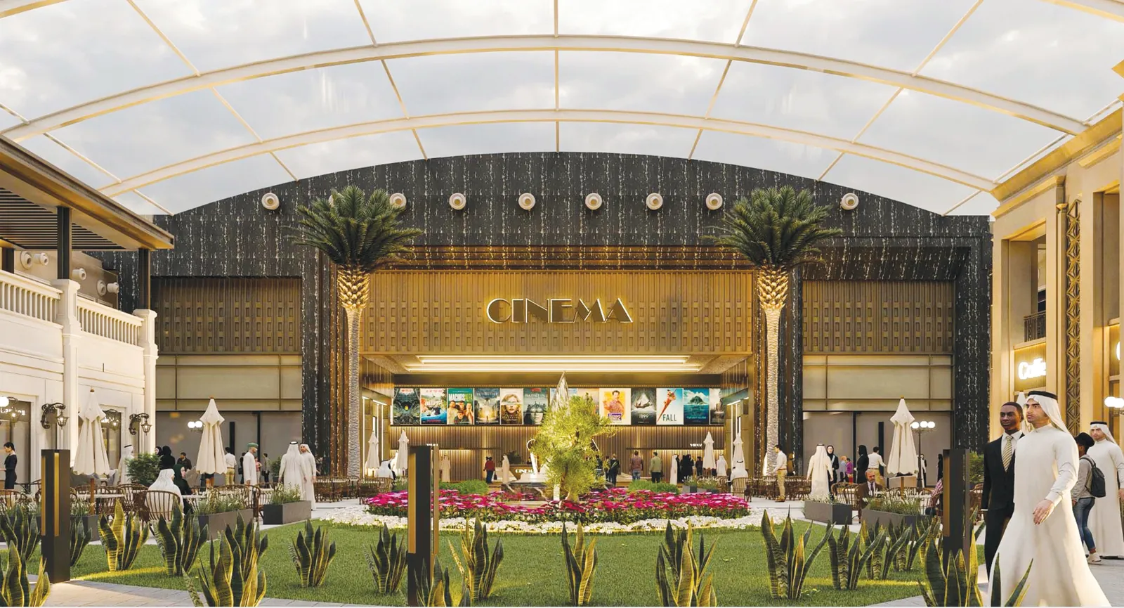 The cinema lobby with gardens in front