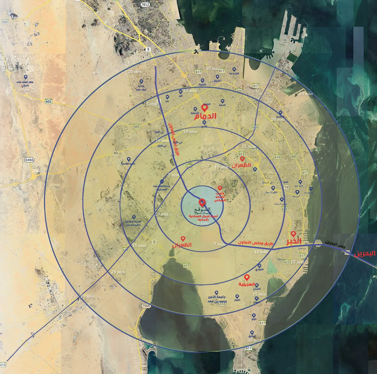 Map of the Eastern Province showing Ajyal Mall at the centre of rings around Dammam, Dhahran and Al Khobar