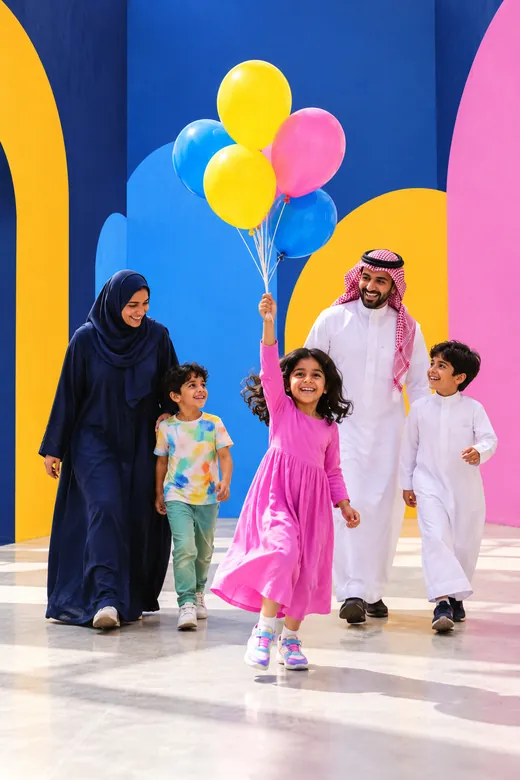 A family celebrating with balloons in front of painted arches