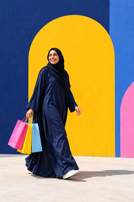 A woman carrying shopping bags past a painted arch